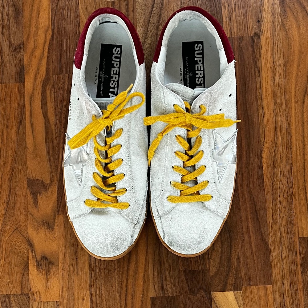 Golden Goose Superstar Men's 43 White with Silver Star, Red Heal and Yellow Lace